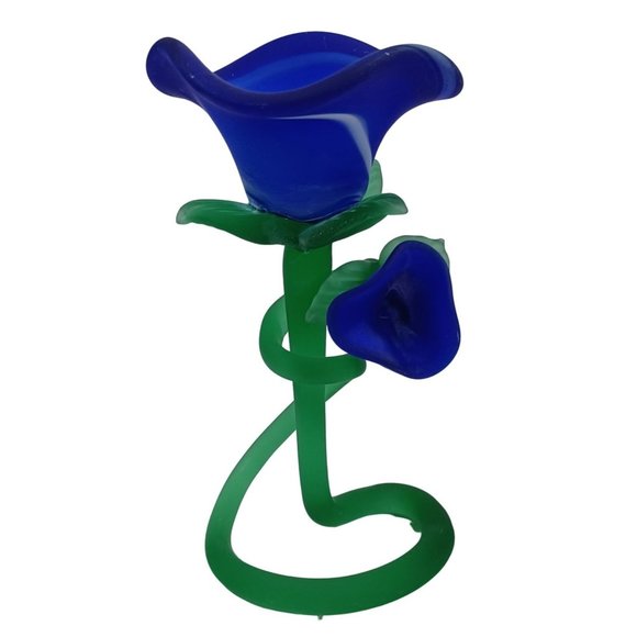 MURANO Cobalt Blue Rose Flower Tulip Art Glass Candle Candlestick Holder Vintage - Picture 3 of 11